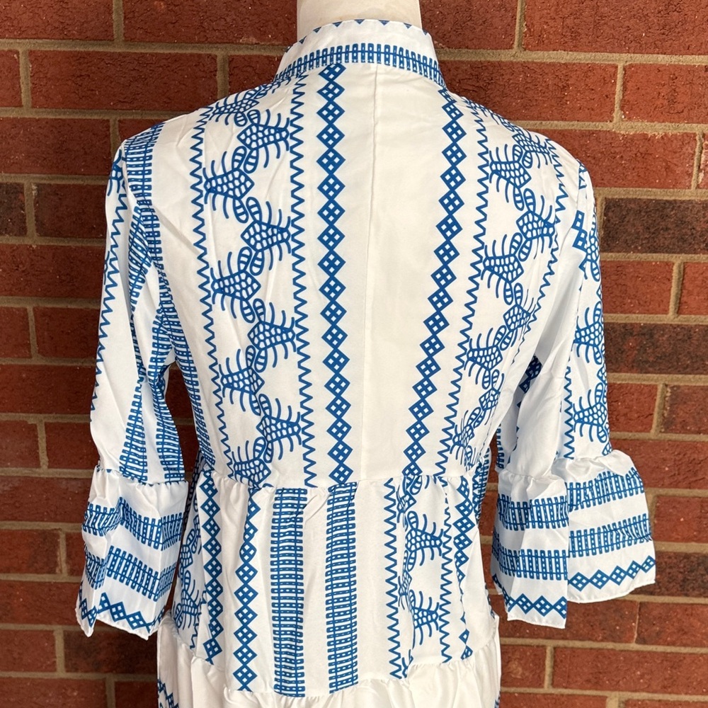Blue and White Tribal Like Patterned Lightweight Sundress - Picture 8 of 12